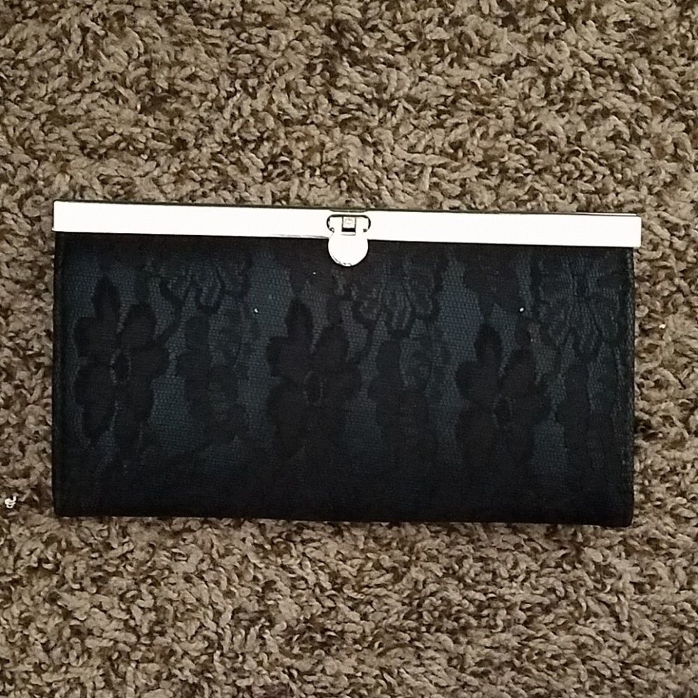 Black Lace Wallet with Button Closure & Silver Trim Unbranded Clutch Purse
